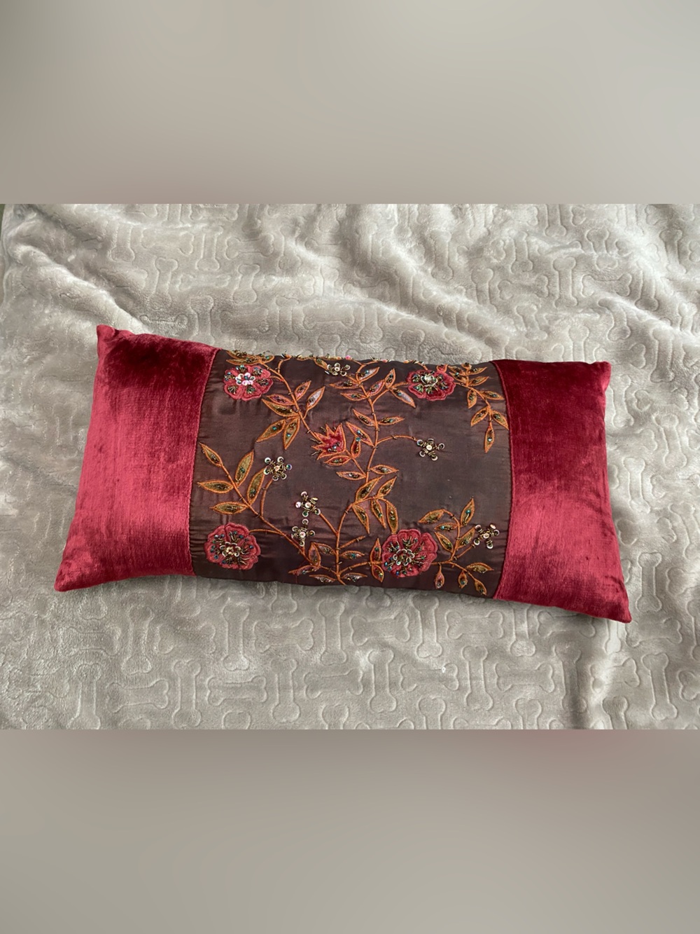 Decorative Red Velvet and Embroidered Floral Lumbar Pillow